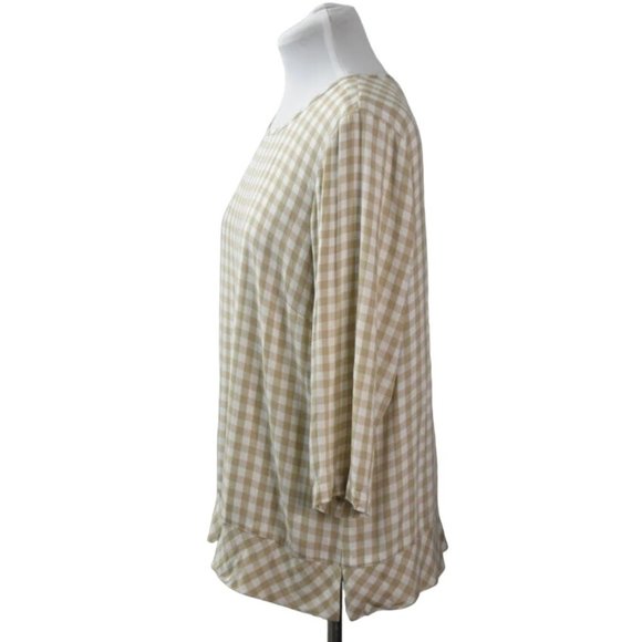 J Jill Top Blouse Womens XL Beige White Checked Rayon - Picture 5 of 9
